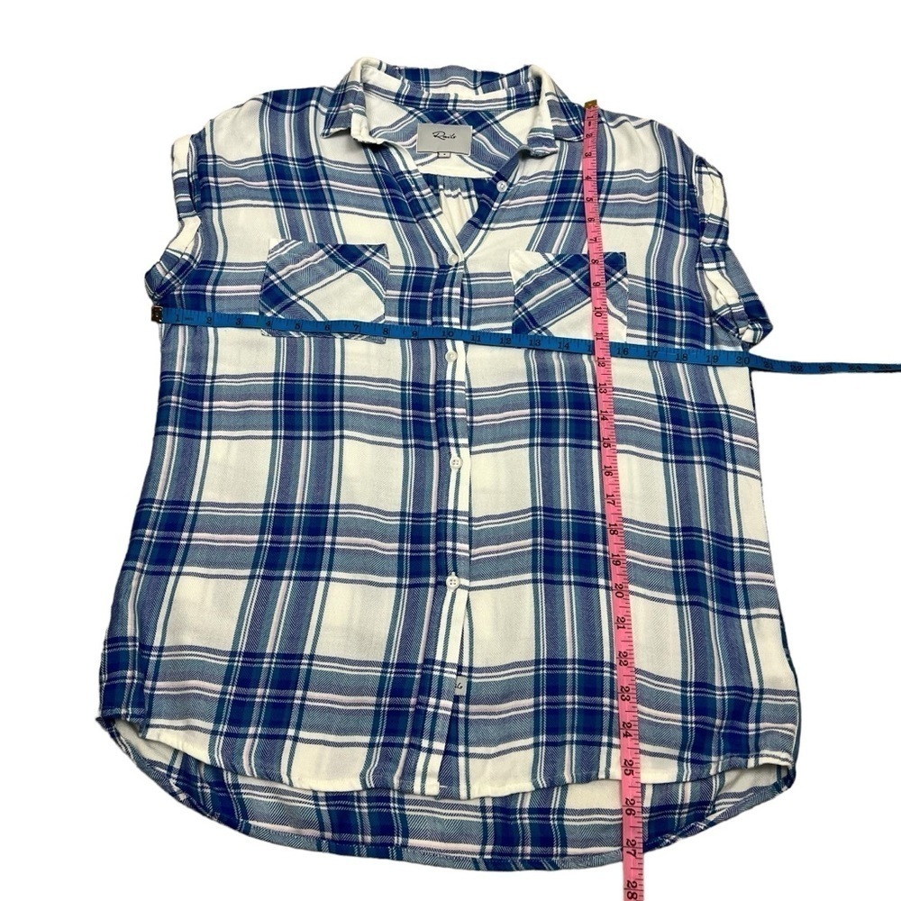 Rails Britt Cap Sleeve Plaid Button Down Shirt White/Blue/Lilac S Rayon - Picture 5 of 6